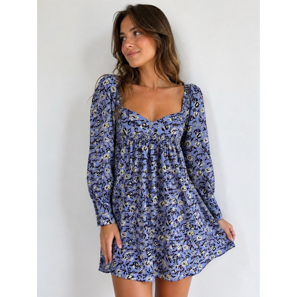 Free People Floral Mini Dress XS Blue Smocked Puff Sleeve Cottagecore